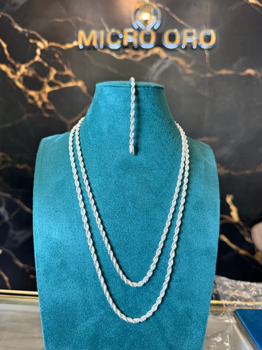 Cadena y pulsera tipo cordón plata